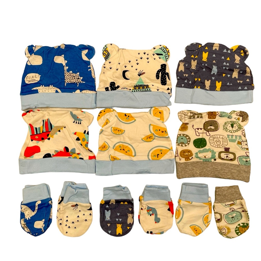 6 pairs of new born baby caps and gloves set o-6 months